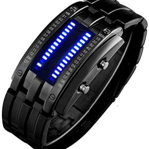 Binary Matrix Blue LED Digital Waterproof Watch Mens Classic Creative Fashion Black Plated Wrist Watches