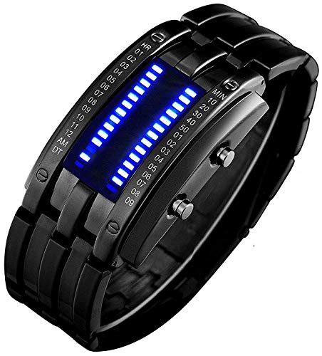 Binary Matrix Blue LED Digital Waterproof Watch Mens Classic Creative Fashion Black Plated Wrist Watches